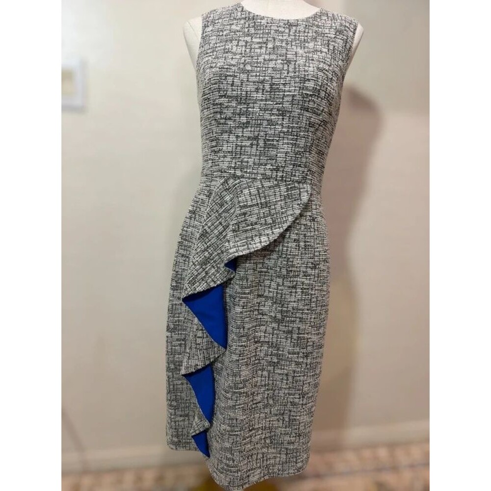 Eliza J Size 8 Tweed Ruffle Sheath Dress Black White Cobalt Blue Cocktail